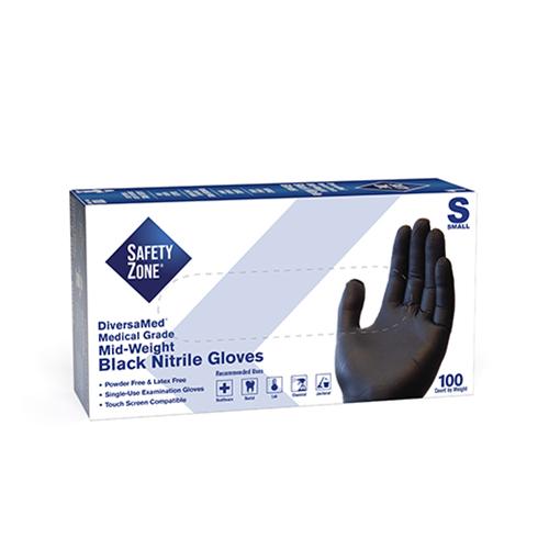 Safety Zone® Mid-Weight Nitrile Powder-Free Exam Gloves, 10x100, Black - Small GNEP SM K